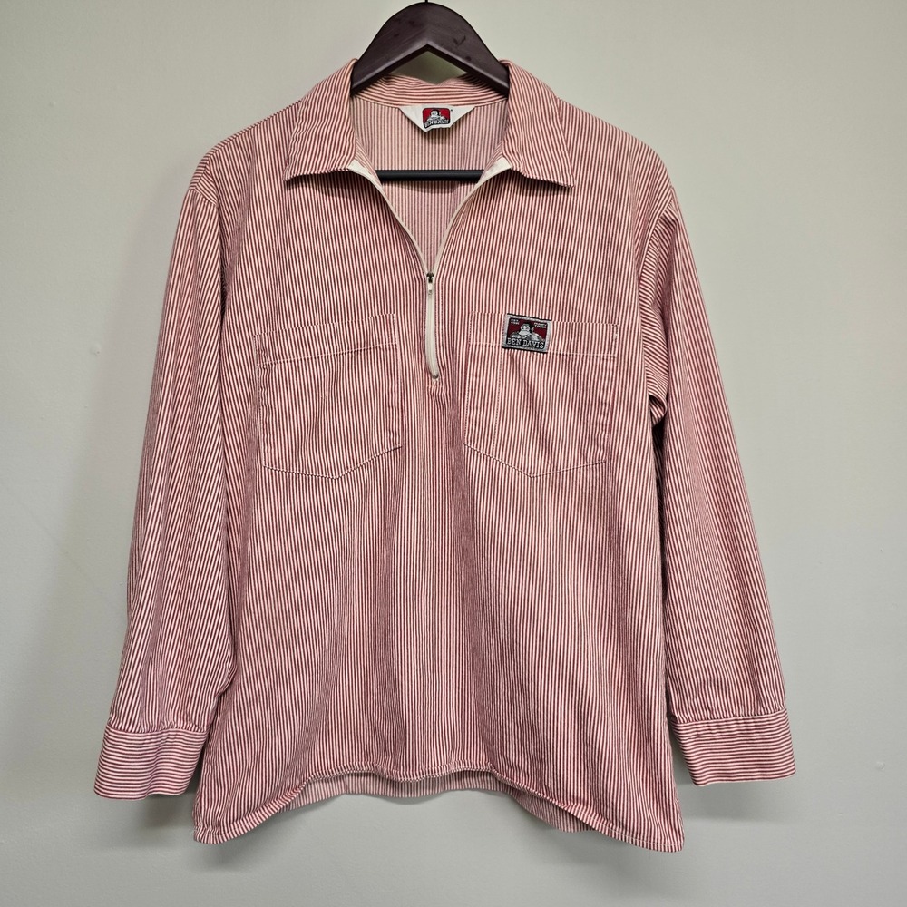 Ben Davis Hickory Stripe Half Zip Shirt Mens Large Red White Workwear Streetwear
